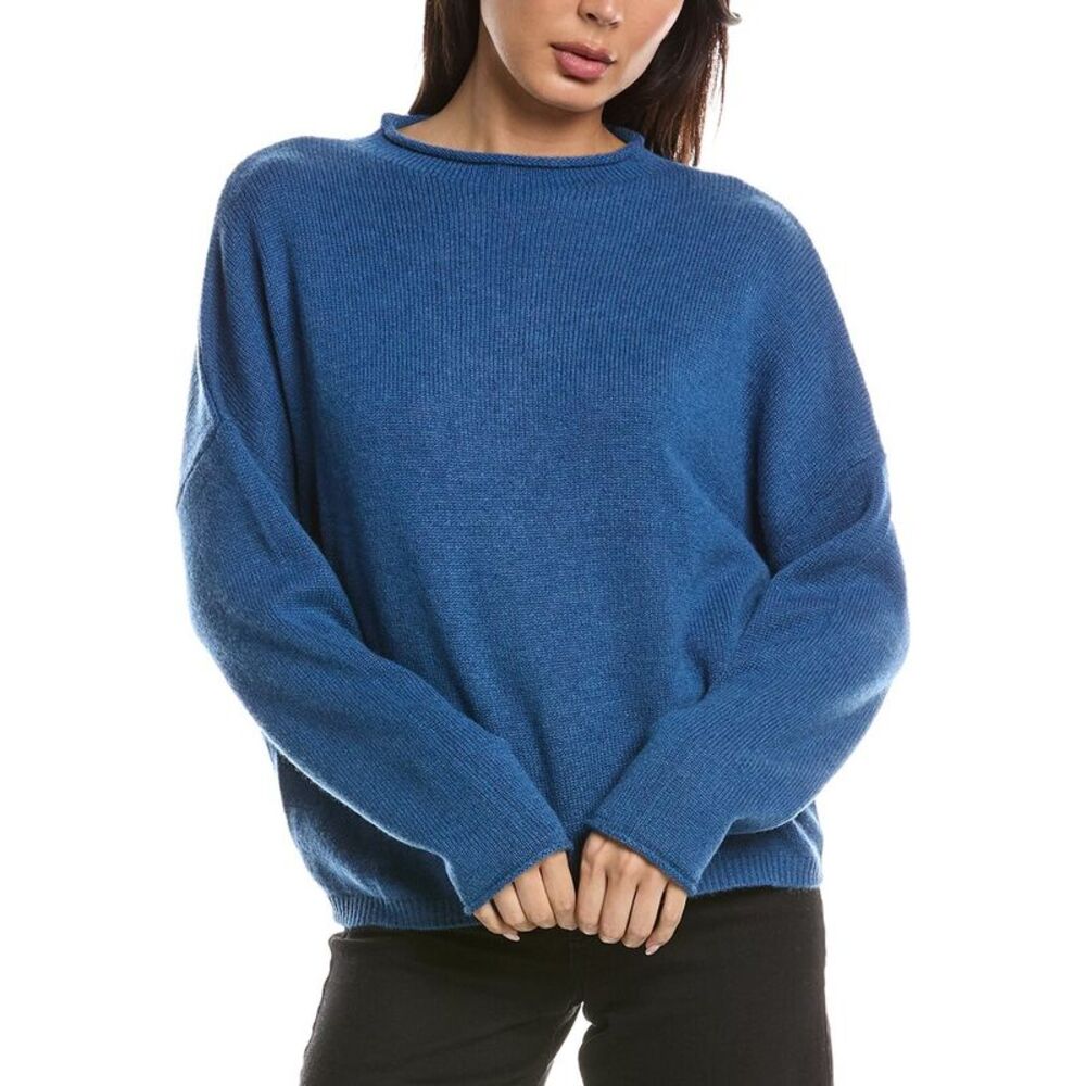 Forte Cashmere Womens Slouchy Roll Trim 100% Cashmere Pullover, Blue